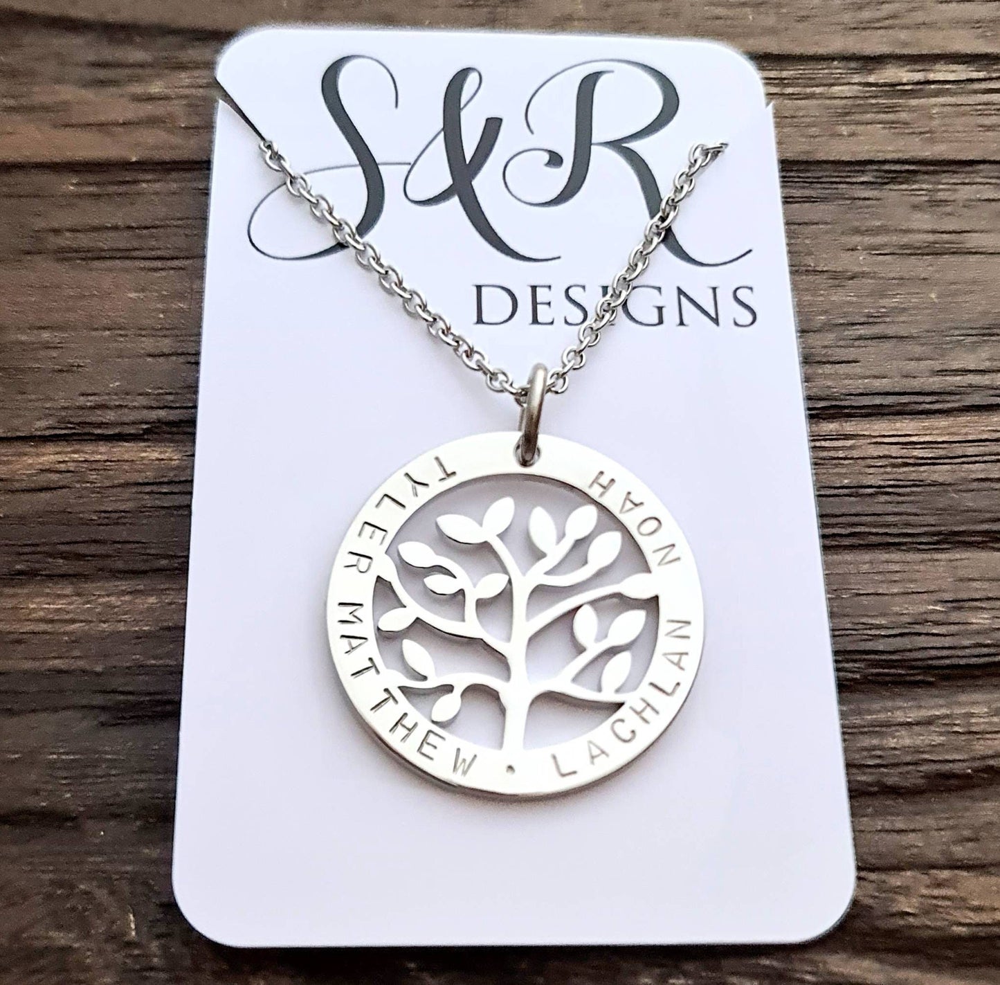 Personalized Tree of Life Necklace, Hand Stamped Name Necklace Design Pendant Stainless Steel. Mothers Day, Sister, Grandmother,  Kids Names