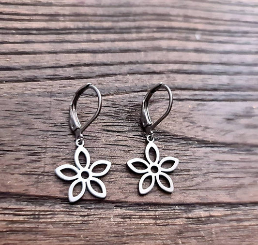 Silver Flower Earrings, Flower Leverback Earrings, Silver Stainless Steel Dangle Leverback Earrings.
