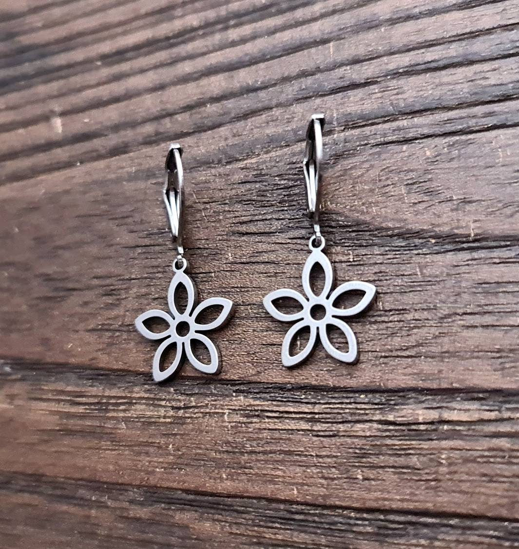 Silver Flower Earrings, Flower Leverback Earrings, Silver Stainless Steel Dangle Leverback Earrings.