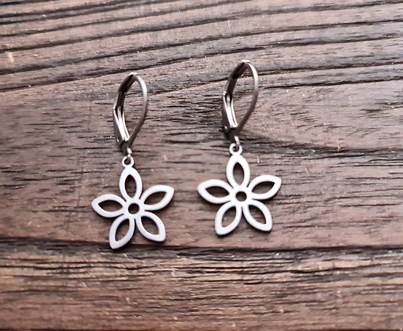 Silver Flower Earrings, Flower Leverback Earrings, Silver Stainless Steel Dangle Leverback Earrings.