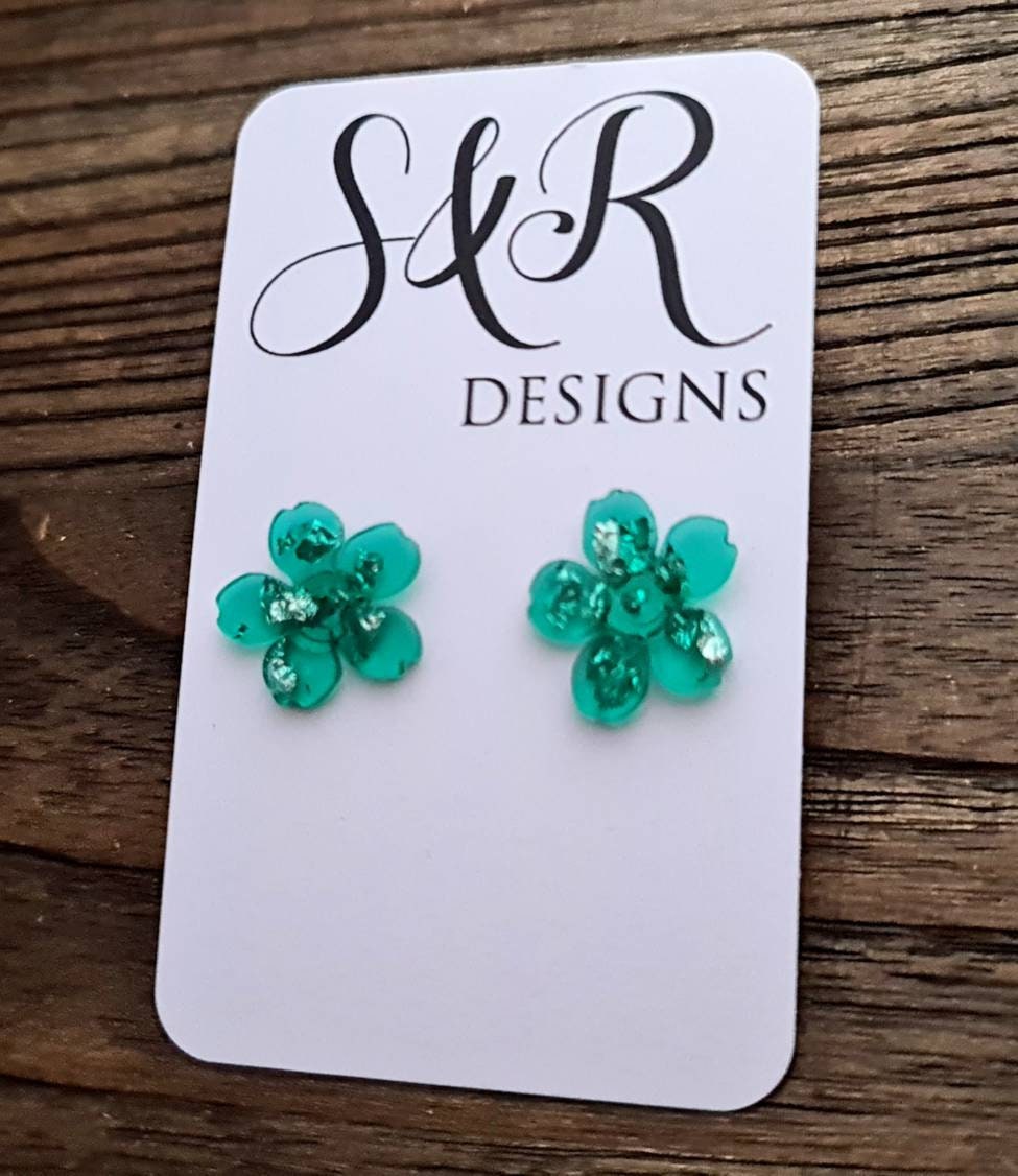 Flower Earrings, Resin Earrings, Green Silver Leaf Earrings