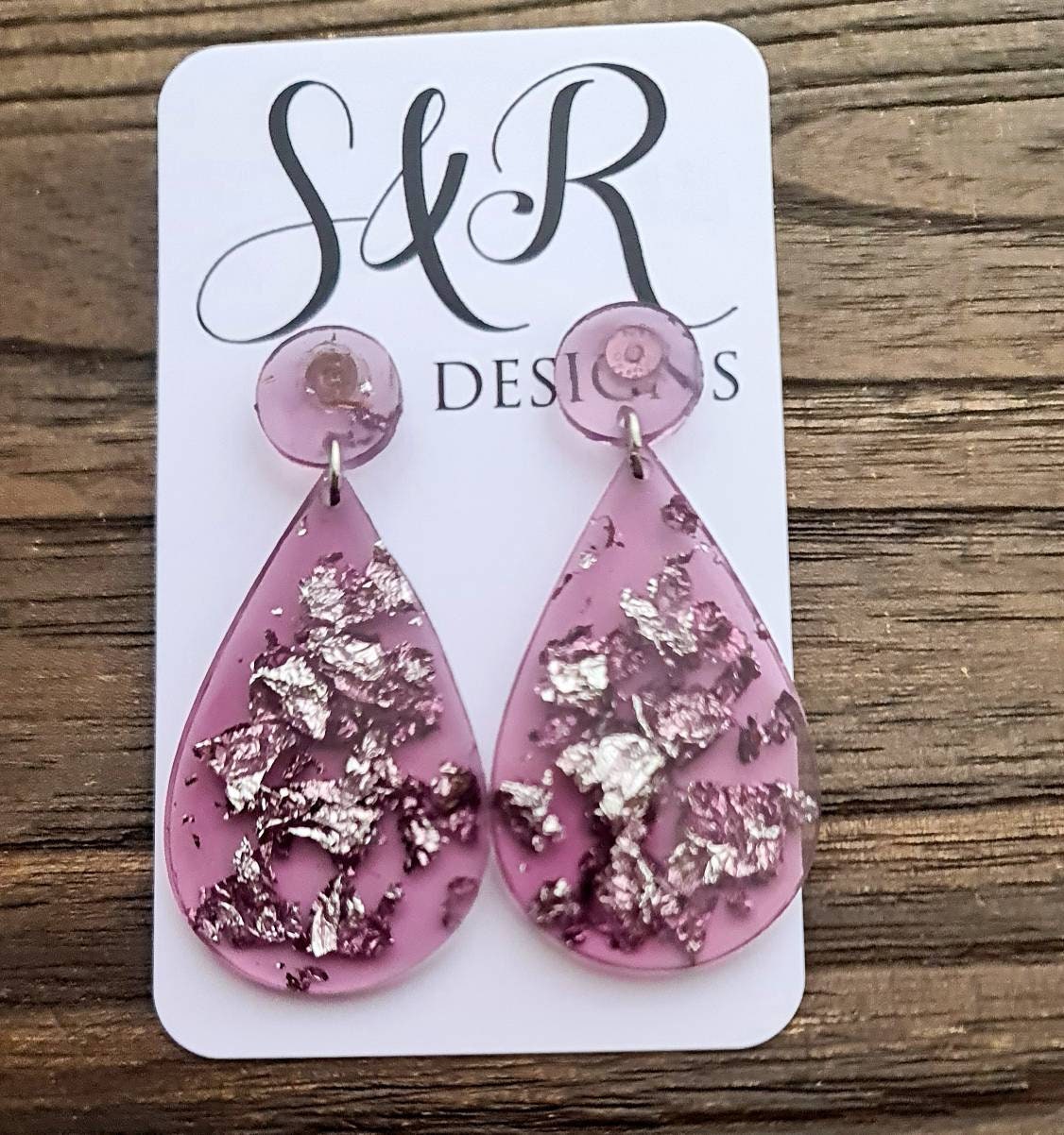Teardrop Long Earrings, Silver Leaf mixed Purple Resin Teardrop Dangle Earrings