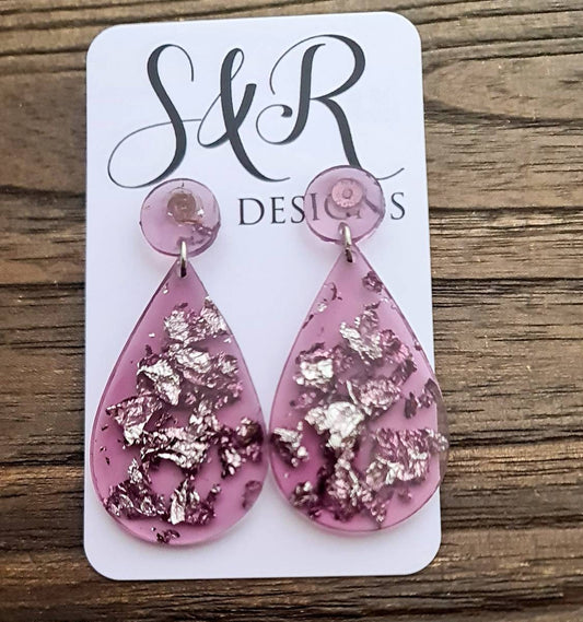 Teardrop Long Earrings, Silver Leaf mixed Purple Resin Teardrop Dangle Earrings