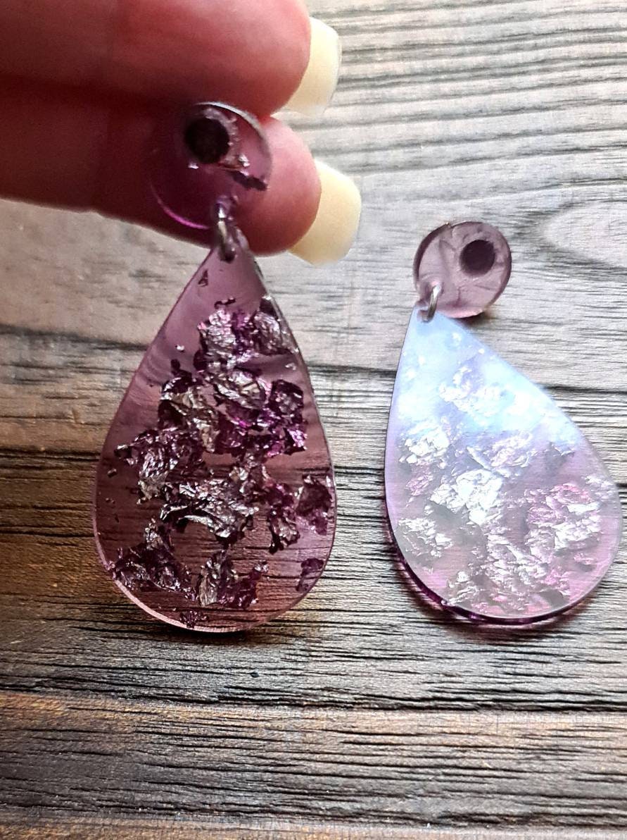 Teardrop Long Earrings, Silver Leaf mixed Purple Resin Teardrop Dangle Earrings