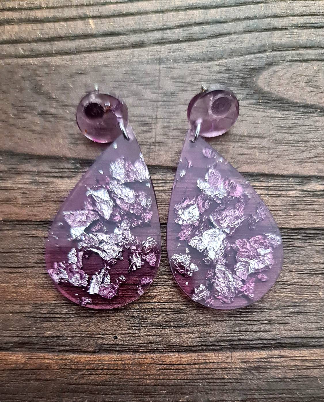 Teardrop Long Earrings, Silver Leaf mixed Purple Resin Teardrop Dangle Earrings