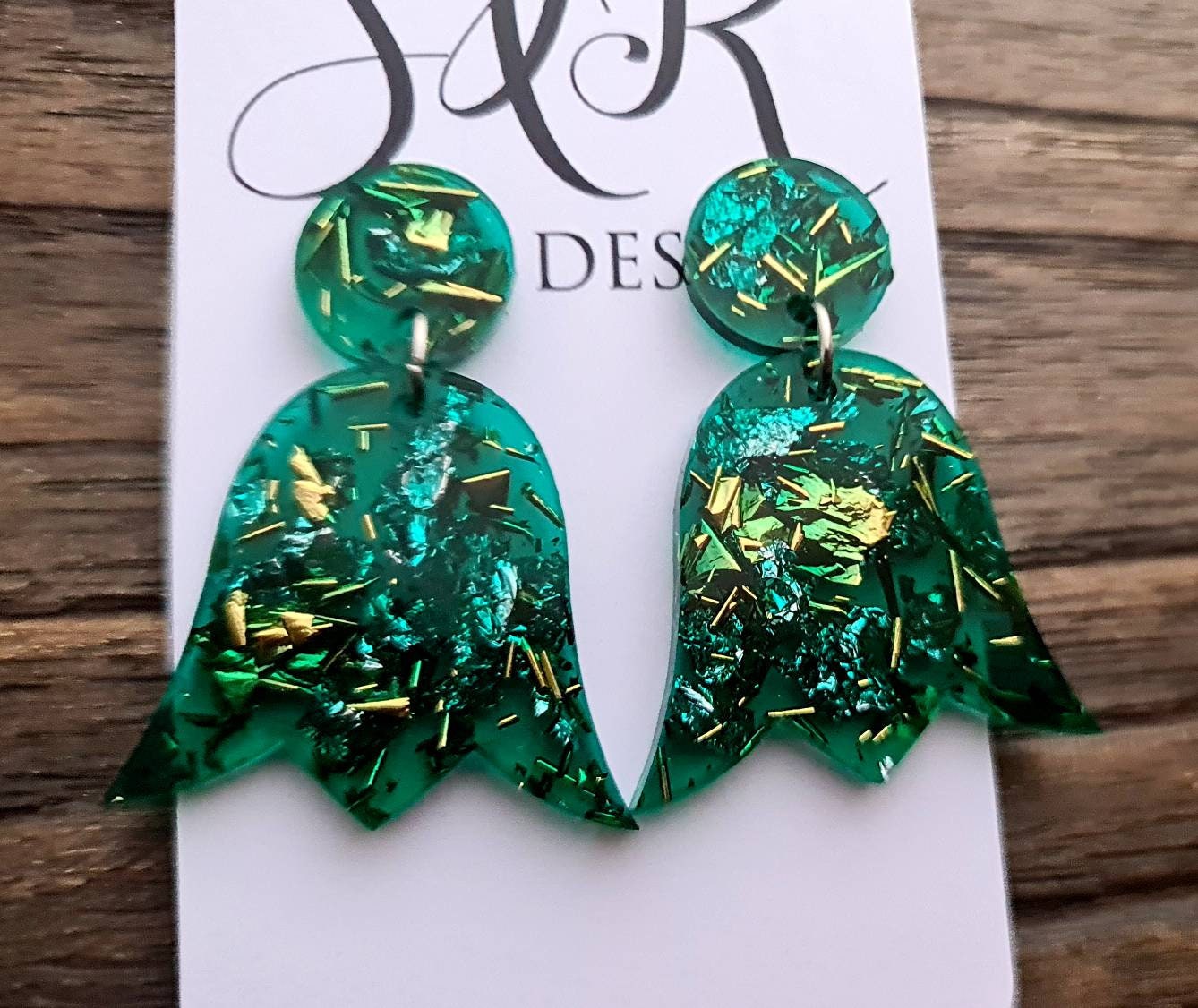Tulip Resin Earrings, Dangle Earrings, Green Blue Silver Gold Leaf Mix Resin Flower Dangle Earrings, Stainless Steel Earrings