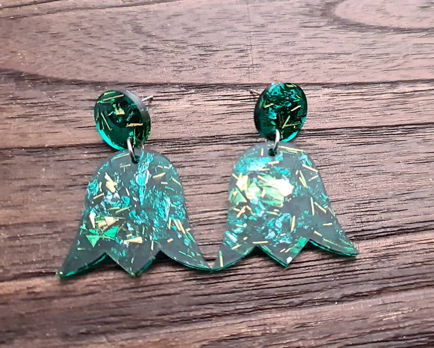 Tulip Resin Earrings, Dangle Earrings, Green Blue Silver Gold Leaf Mix Resin Flower Dangle Earrings, Stainless Steel Earrings