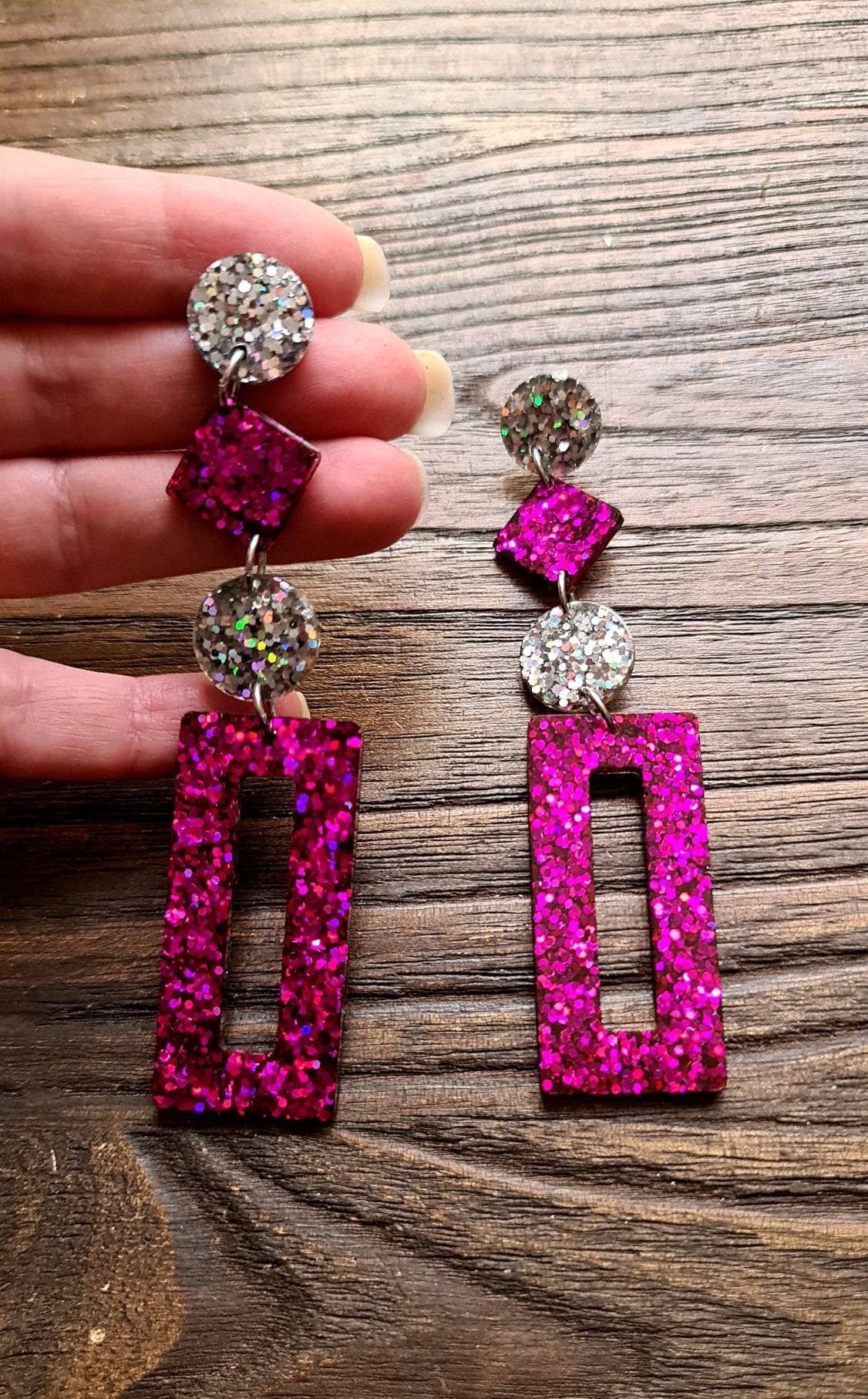 Rectangle Long Dangle Earrings, Statement Glitter Extra Long Dangle Earrings or Choose Colour 10.5cm long