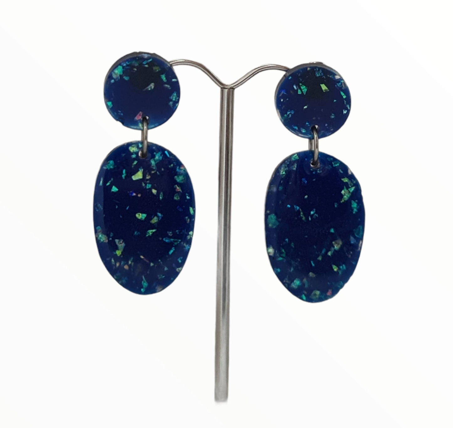 Statement Oval Long Resin Earrings, Faux Opal Glitter Earrings, Stainless Steel Earrings.
