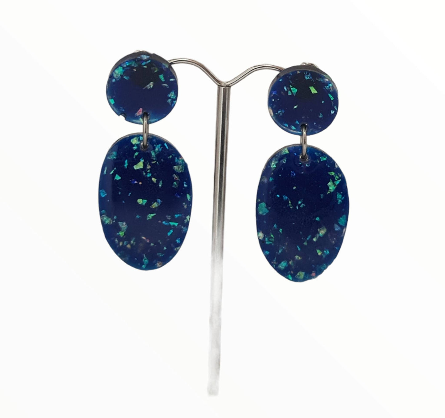 Statement Oval Long Resin Earrings, Faux Opal Glitter Earrings, Stainless Steel Earrings.