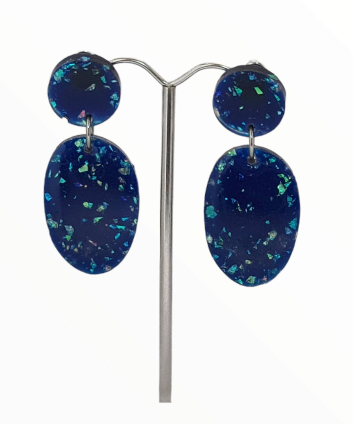 Statement Oval Long Resin Earrings, Faux Opal Glitter Earrings, Stainless Steel Earrings.