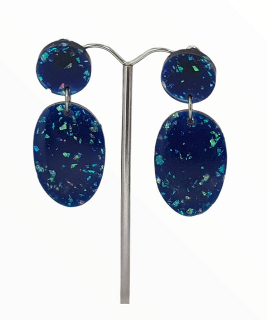 Statement Oval Long Resin Earrings, Faux Opal Glitter Earrings, Stainless Steel Earrings.