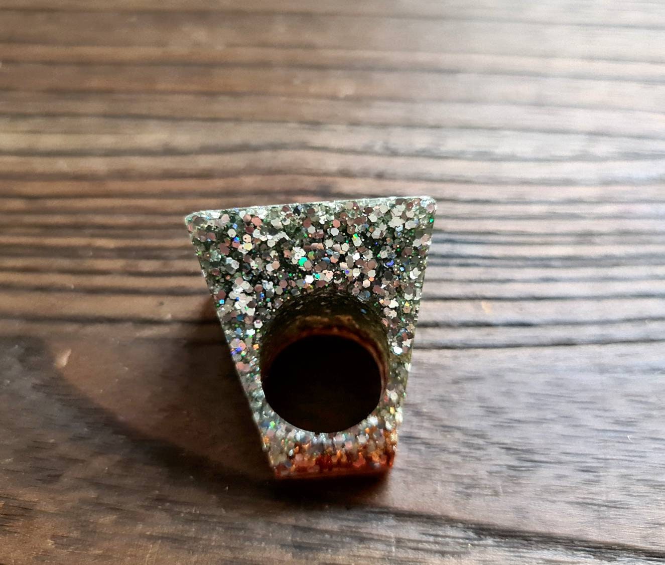 Statement Square Resin Ring, Handmade Size 7 US N AU. Silver Holographic and Rosegold Glitter