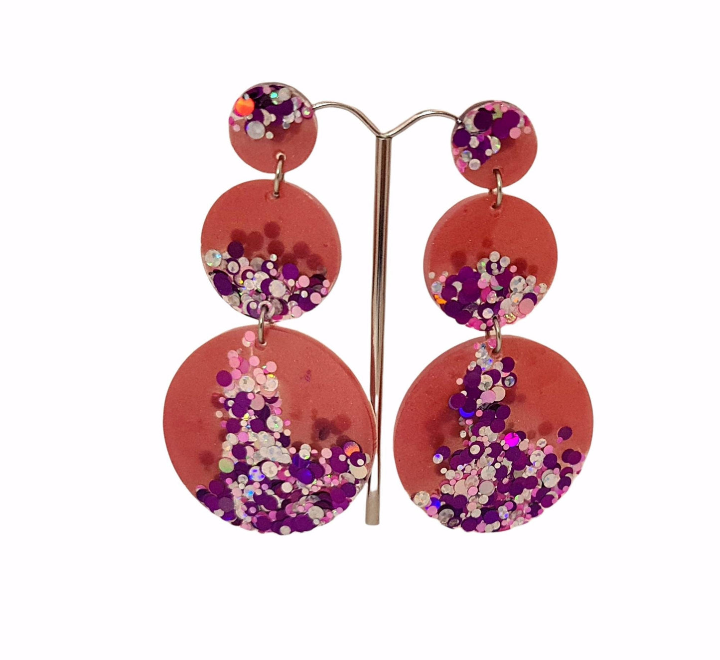 Circle Long Resin Earrings, Statement Pink, Silver, Purple Holographic Glitter Earrings, Bridal Earrings, Stainless Steel Earrings.