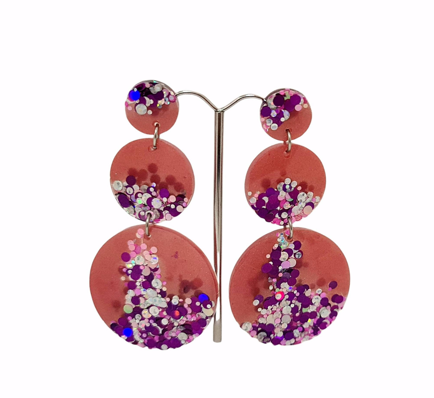 Circle Long Resin Earrings, Statement Pink, Silver, Purple Holographic Glitter Earrings, Bridal Earrings, Stainless Steel Earrings.