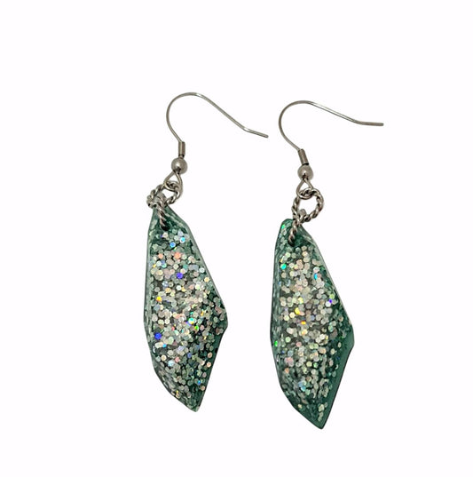 Faux Gemstone Dangle Earrings, Green Silver Holographic Mix, Stainless Steel, Statement Resin Earrings
