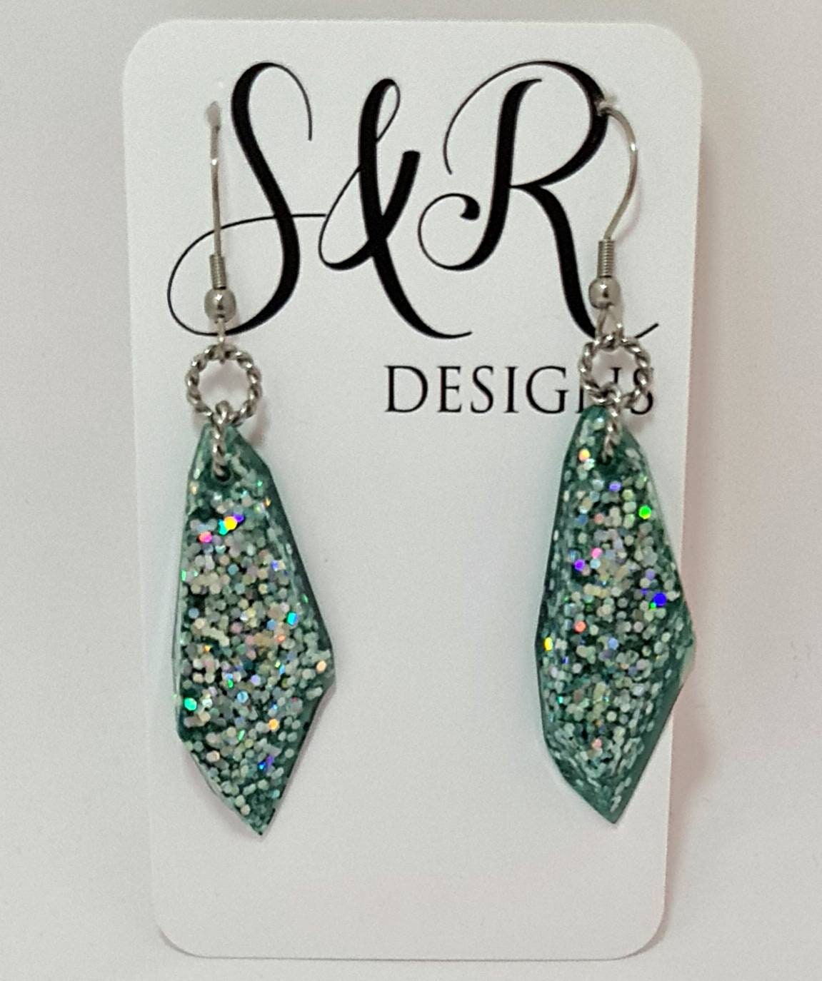 Faux Gemstone Dangle Earrings, Green Silver Holographic Mix, Stainless Steel, Statement Resin Earrings