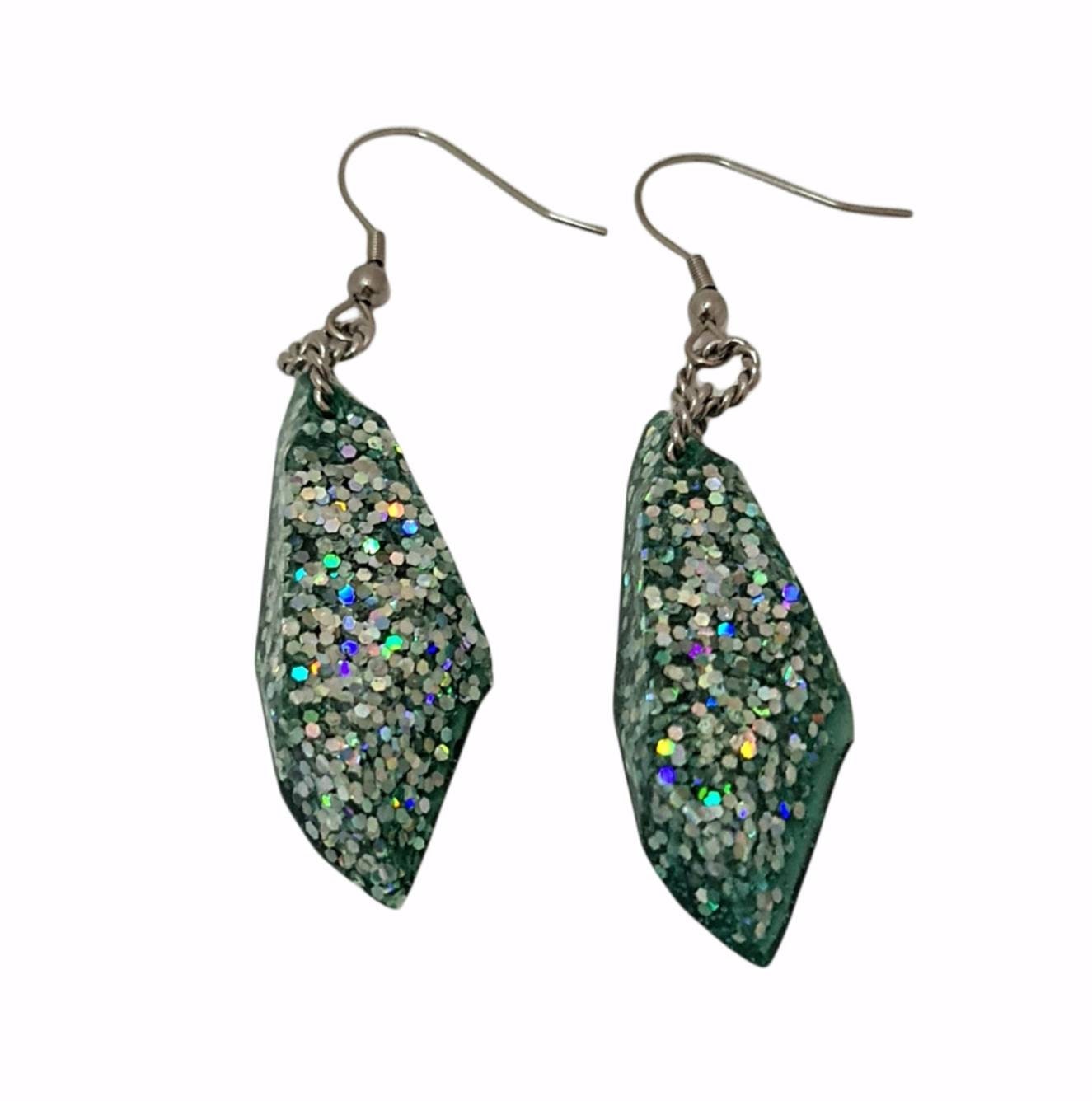 Faux Gemstone Dangle Earrings, Green Silver Holographic Mix, Stainless Steel, Statement Resin Earrings