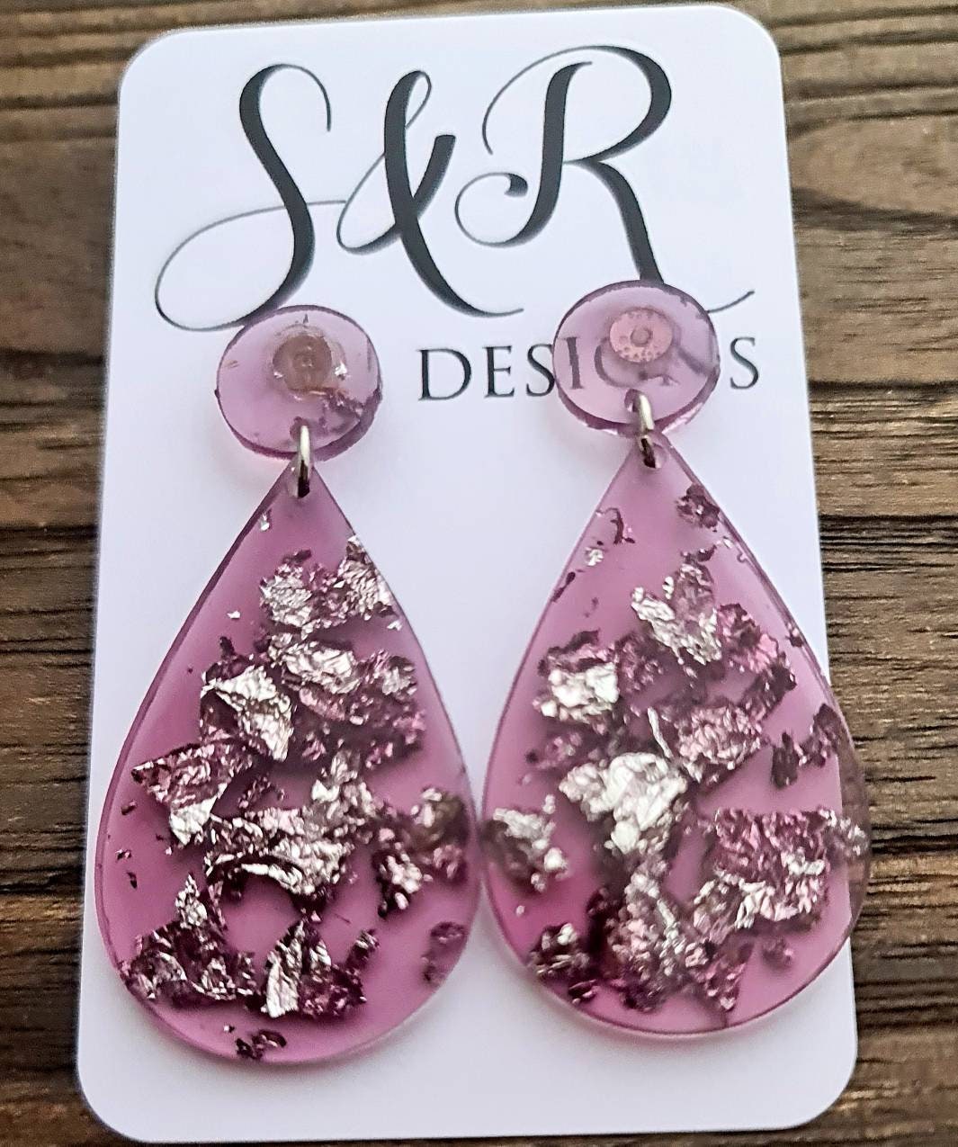 Teardrop Long Earrings, Silver Leaf mixed Purple Resin Teardrop Dangle Earrings