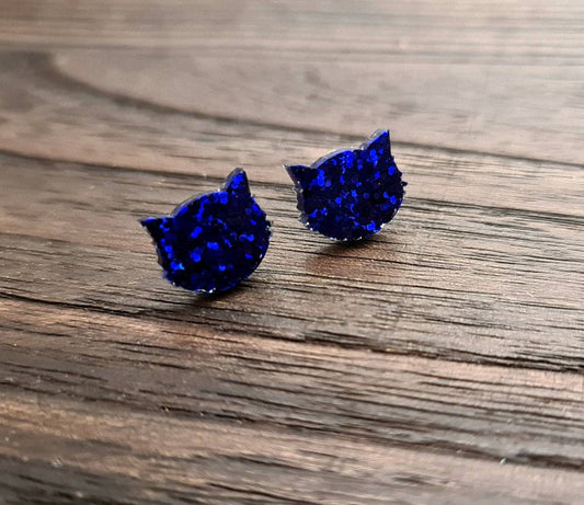 Cat Earrings, Cat Resin Stud Earrings, Blue Earrings, Cat Glitter Earrings made with Stainless Steel.