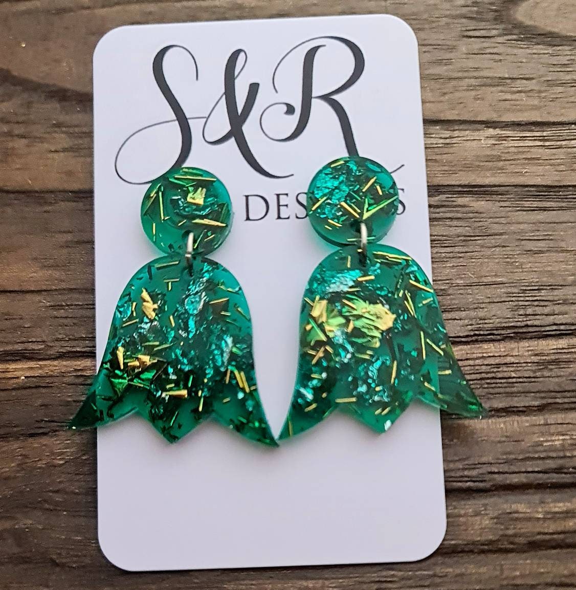 Tulip Resin Earrings, Dangle Earrings, Green Blue Silver Gold Leaf Mix Resin Flower Dangle Earrings, Stainless Steel Earrings