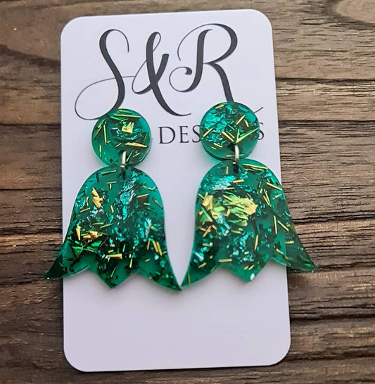 Tulip Resin Earrings, Dangle Earrings, Green Blue Silver Gold Leaf Mix Resin Flower Dangle Earrings, Stainless Steel Earrings
