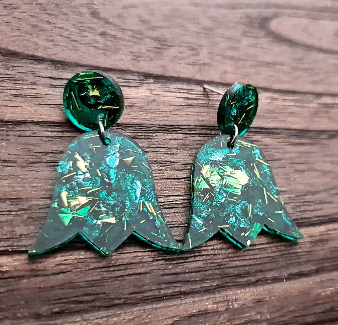 Tulip Resin Earrings, Dangle Earrings, Green Blue Silver Gold Leaf Mix Resin Flower Dangle Earrings, Stainless Steel Earrings