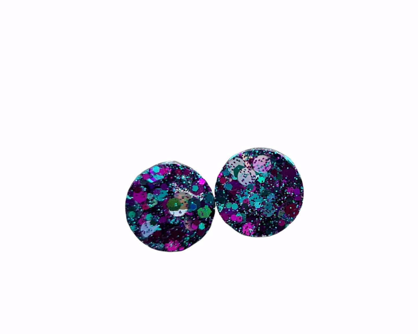 Circle Dot Resin Stud Earrings, Purple Teal Silver Glitter Earrings. Stainless Steel Minimalist Stud Earrings. 15mm, 12mm, 10mm or 8mm