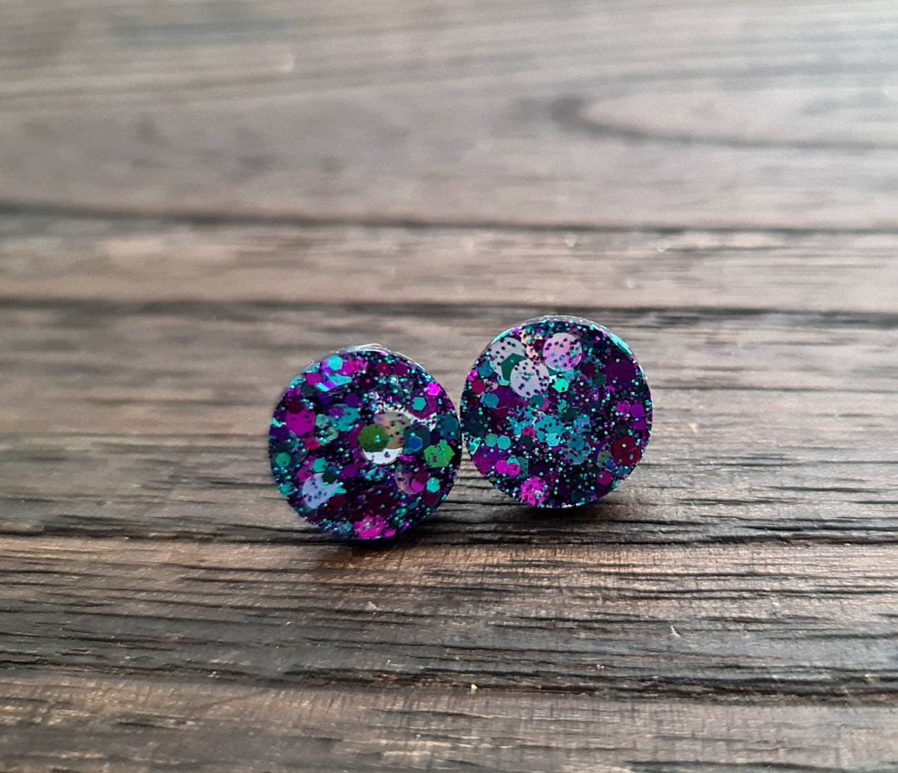 Circle Dot Resin Stud Earrings, Purple Teal Silver Glitter Earrings. Stainless Steel Minimalist Stud Earrings. 15mm, 12mm, 10mm or 8mm