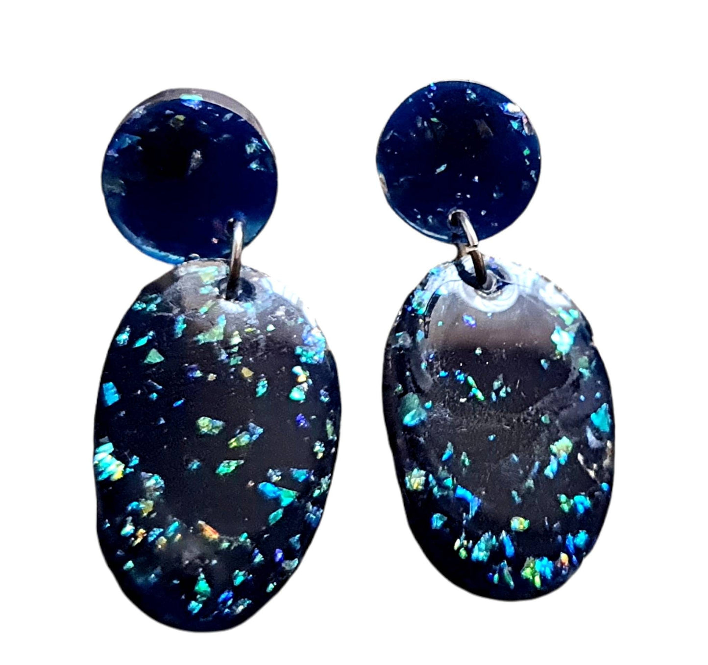 Statement Oval Long Resin Earrings, Faux Opal Glitter Earrings, Stainless Steel Earrings.