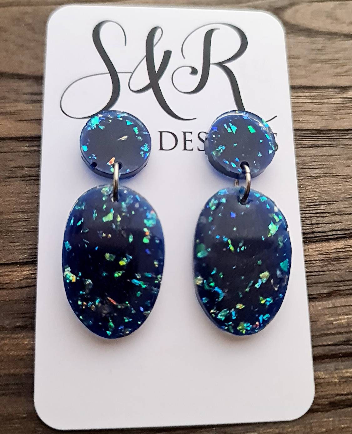 Statement Oval Long Resin Earrings, Faux Opal Glitter Earrings, Stainless Steel Earrings.
