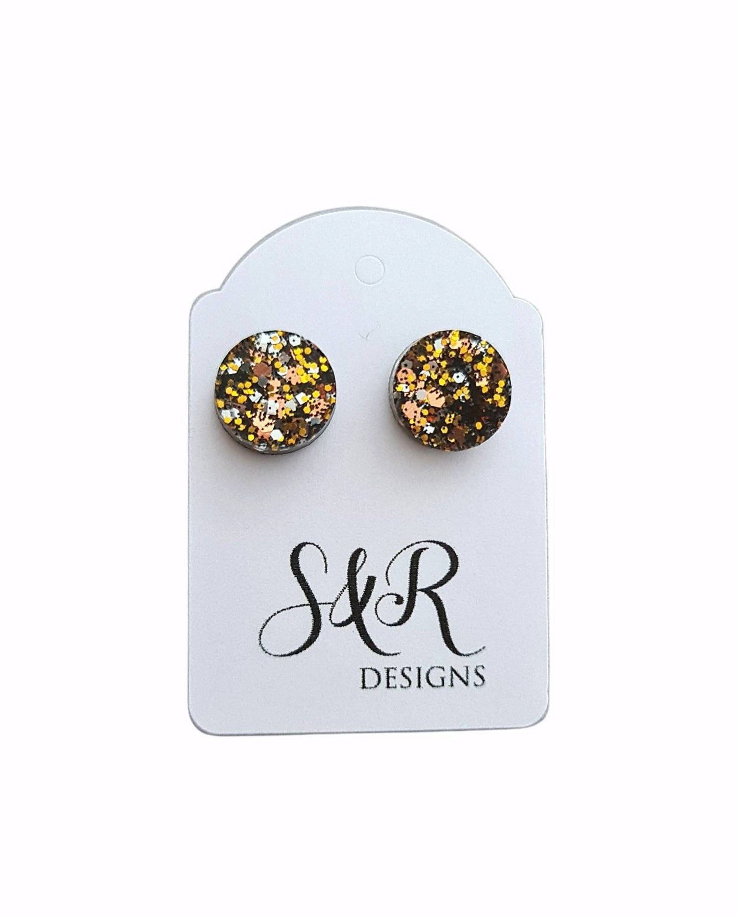 Circle Dot Resin Stud Earrings, Black, Gold, Silver, Rosegold Glitter Earrings. Stainless Steel Stud Earrings. 8mm, 10mm or 12mm