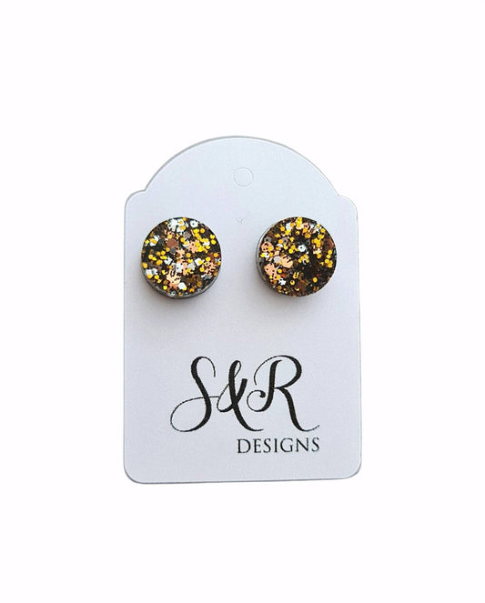 Circle Dot Resin Stud Earrings, Black, Gold, Silver, Rosegold Glitter Earrings. Stainless Steel Stud Earrings. 8mm, 10mm or 12mm