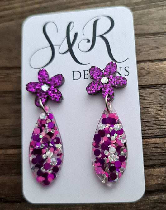 Flower Teardrop Stud Dangle Earrings, Statement Earrings, Fuchsia Pink Silver Holographic Glitter Mix