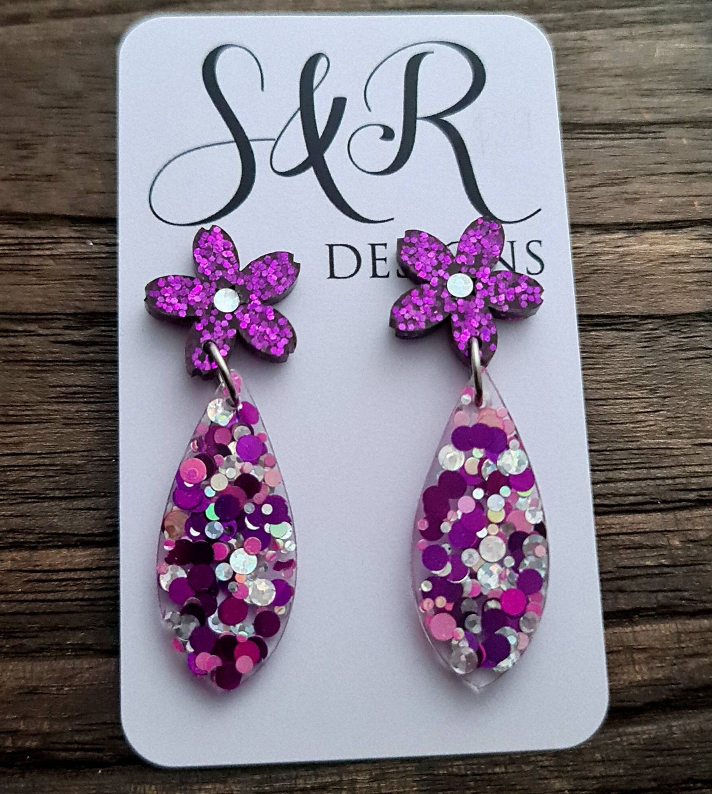 Flower Teardrop Stud Dangle Earrings, Statement Earrings, Fuchsia Pink Silver Holographic Glitter Mix