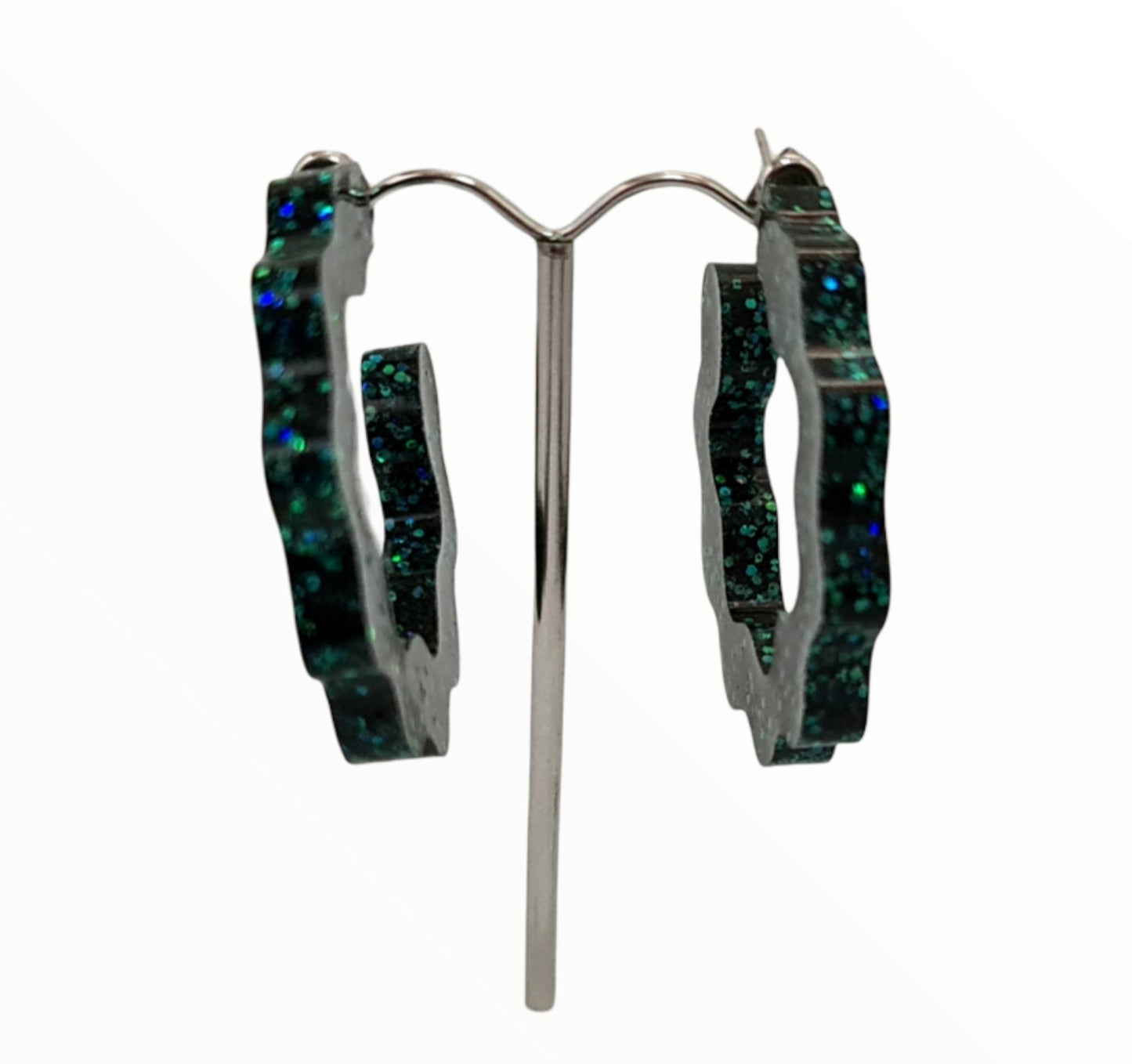 Large Wave Hoops Stud Earrings, Black, Teal Glitter, Resin Dangle Statement Earrings, Unique Design, Modern, Lightweight
