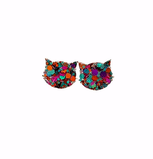 Cat Earrings, Cat Resin Stud Earrings, Teal Orange Pink Silver Holographic Glitter Earrings, Cat Glitter Earrings made with Stainless Steel.
