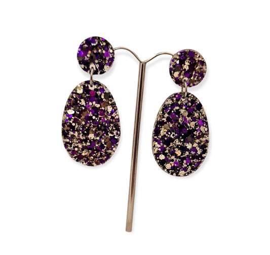 Statement Oval Long Resin Earrings, Silver Purple Mix Glitter Resin Earrings, Stainless Steel Earrings.