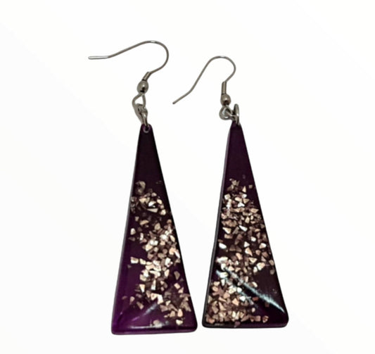 Resin Dangle Earrings, Purple, Silver, Triangle Dangle Earrings Stainless Steel, Glitter Earrings, Statement Earrings