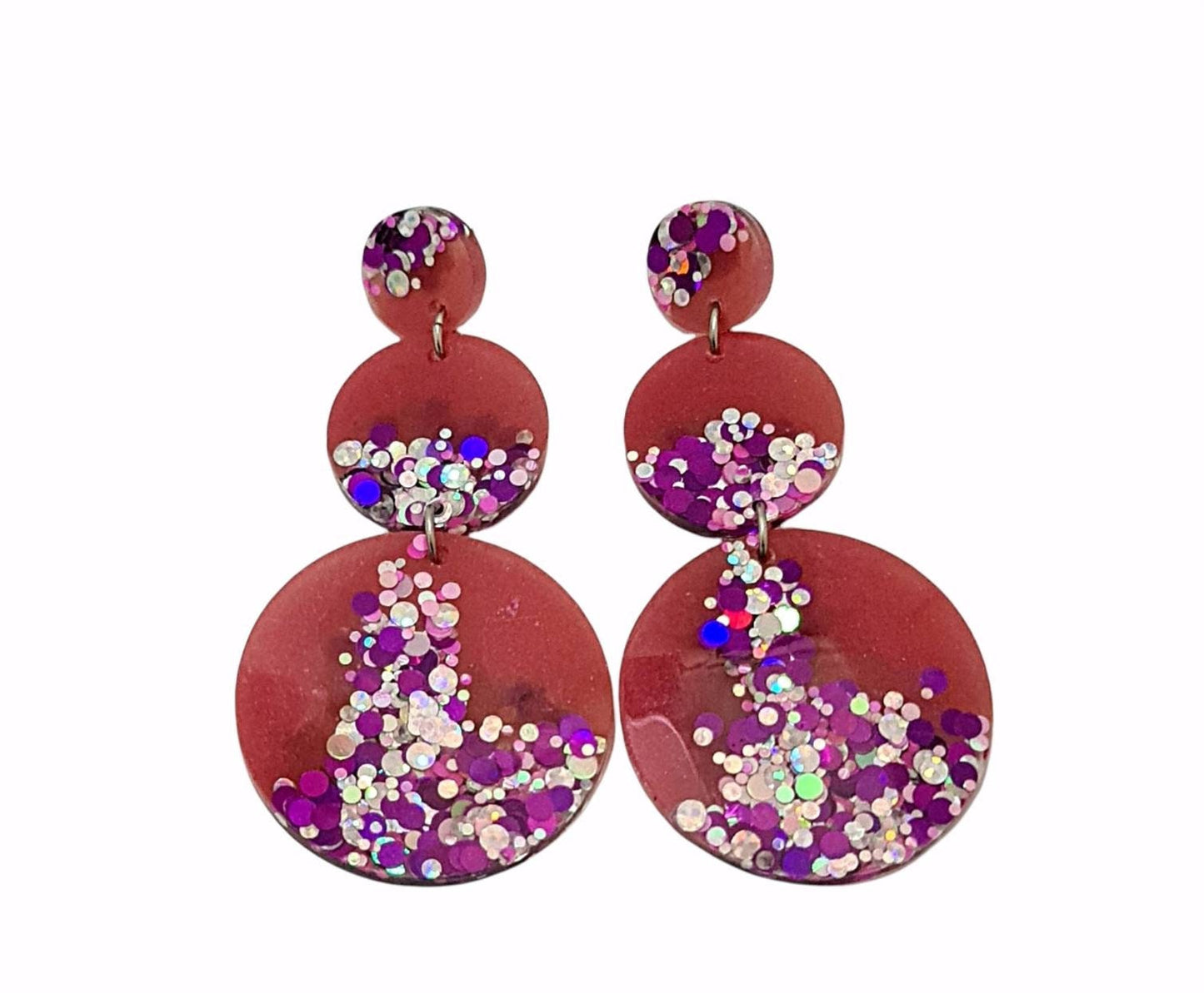 Circle Long Resin Earrings, Statement Pink, Silver, Purple Holographic Glitter Earrings, Bridal Earrings, Stainless Steel Earrings.