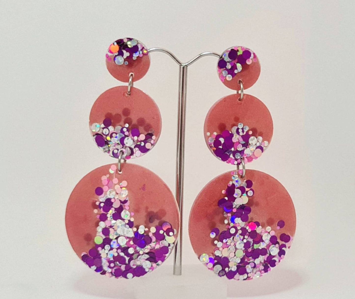 Circle Long Resin Earrings, Statement Pink, Silver, Purple Holographic Glitter Earrings, Bridal Earrings, Stainless Steel Earrings.