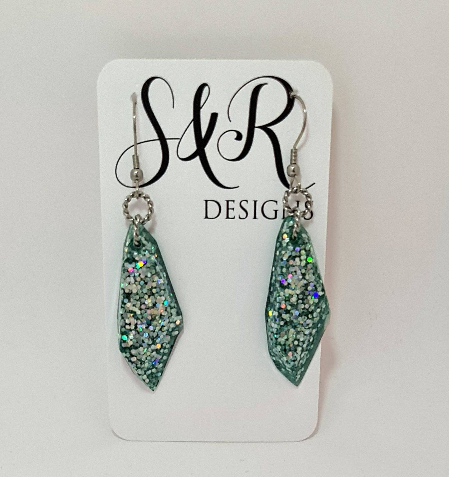 Faux Gemstone Dangle Earrings, Green Silver Holographic Mix, Stainless Steel, Statement Resin Earrings