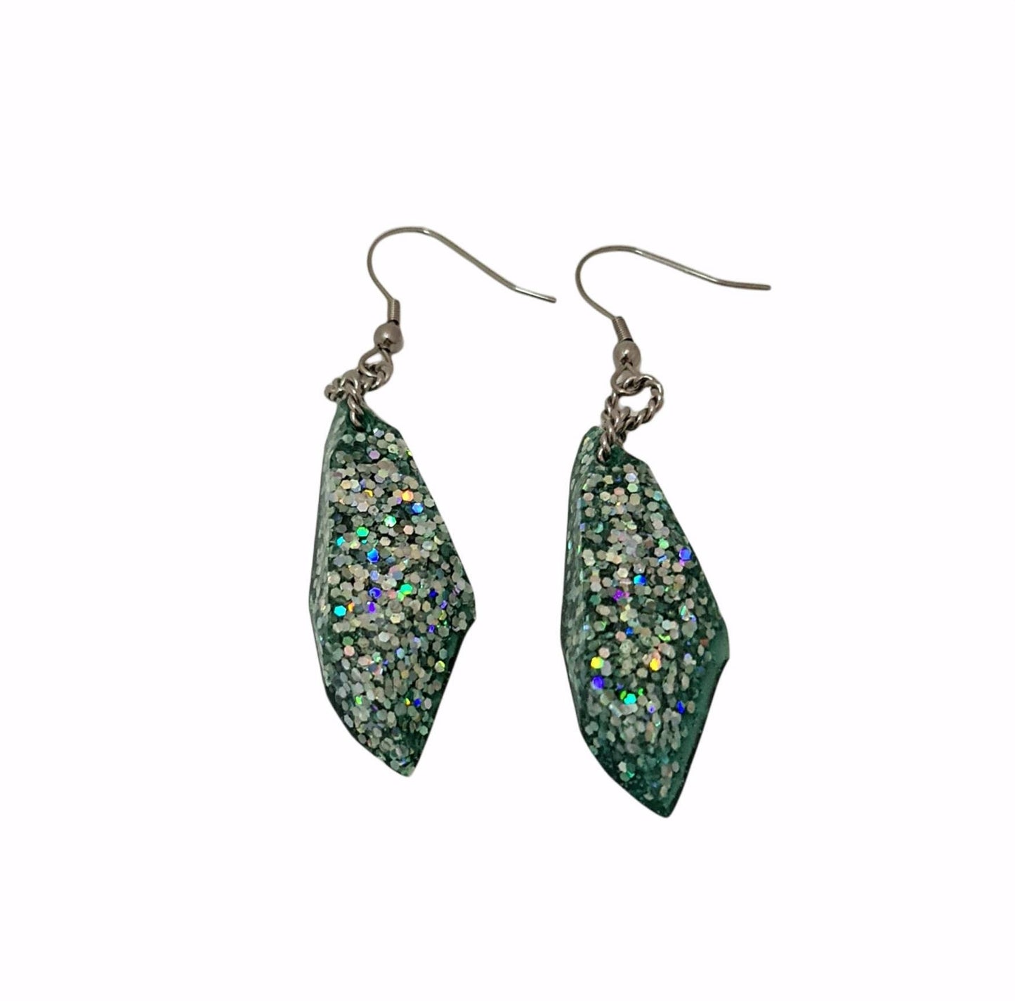 Faux Gemstone Dangle Earrings, Green Silver Holographic Mix, Stainless Steel, Statement Resin Earrings