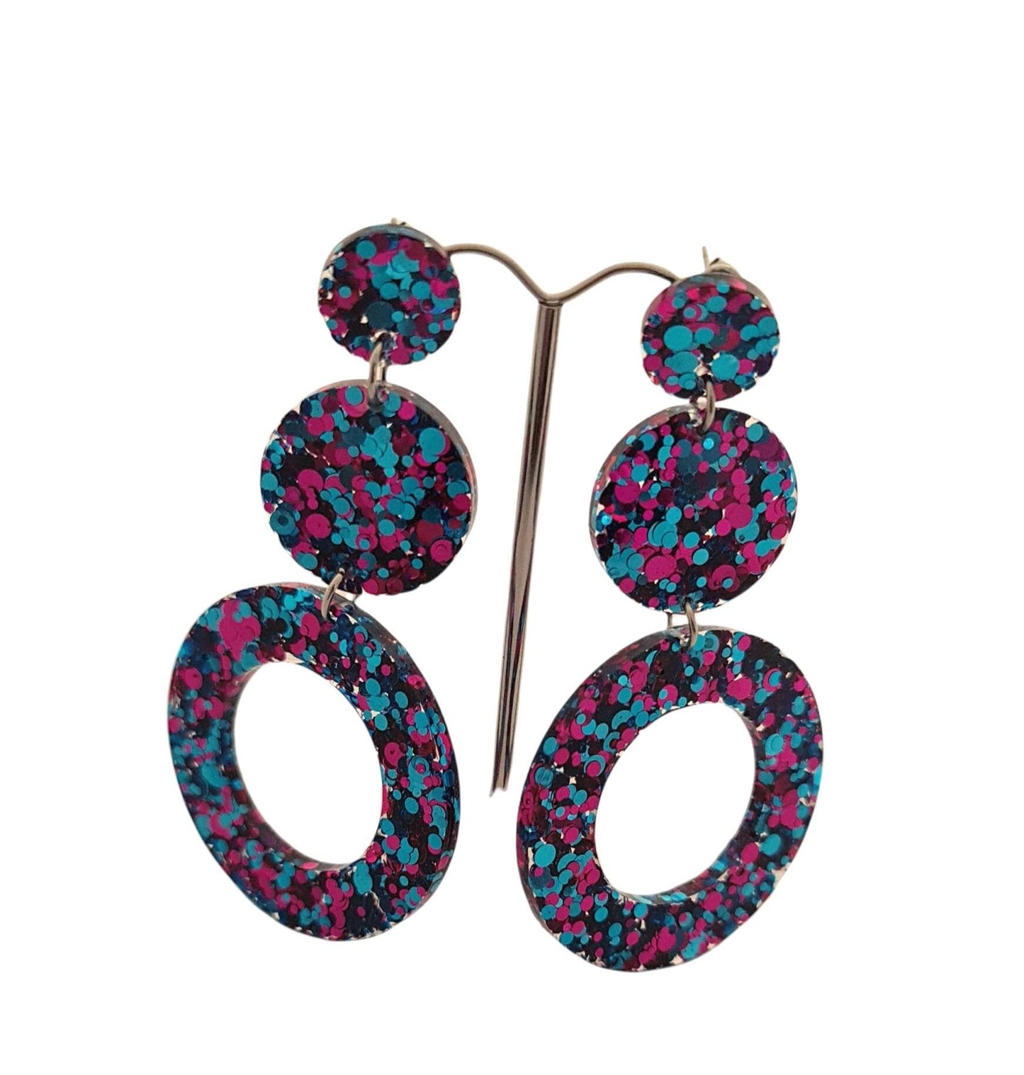 Elegance Extra Long Circle Earrings, Metalic Teal Blue and Hot Pink Glitter Dangle, Statement Earrings made with Stainless Steel