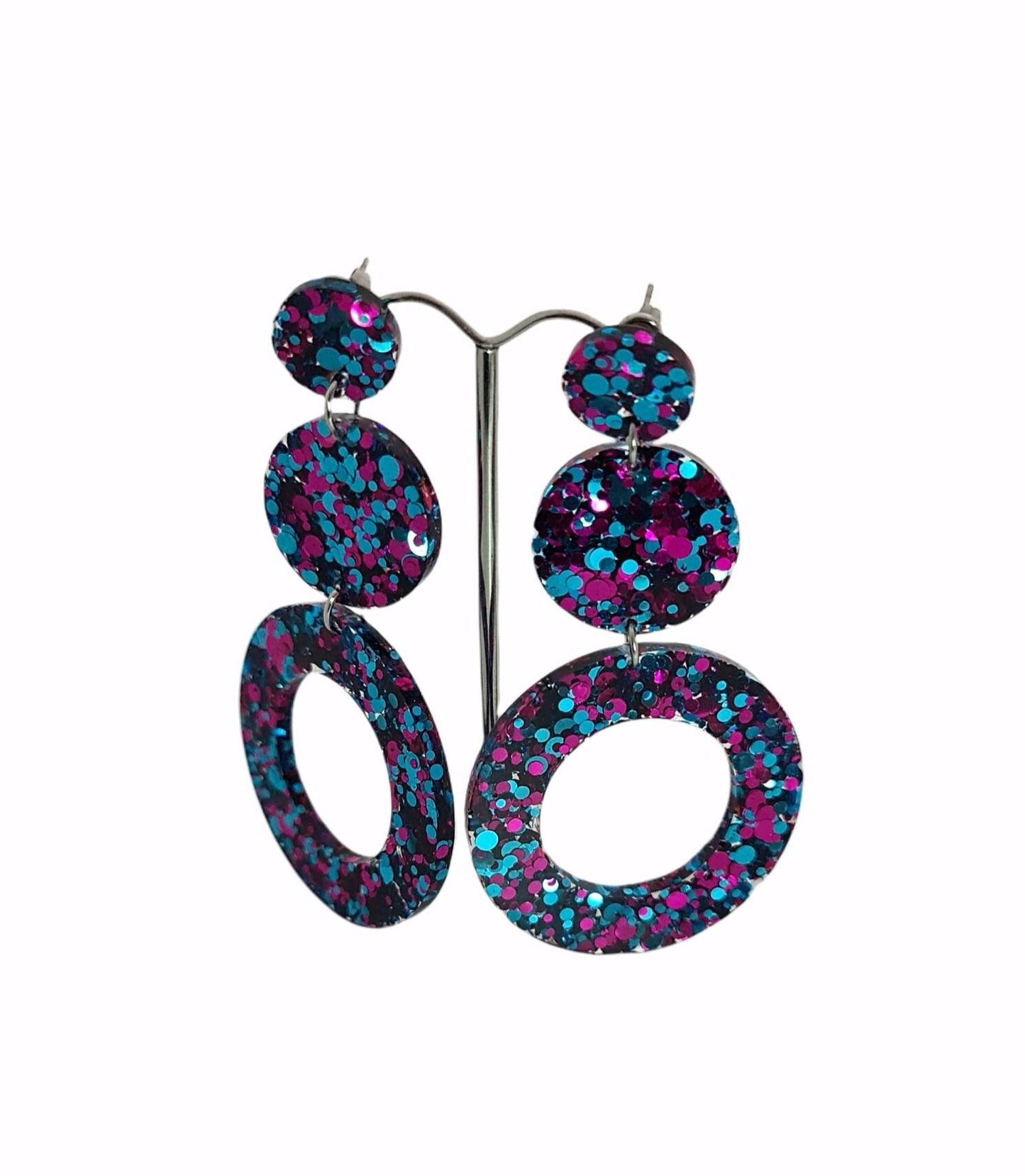 Elegance Extra Long Circle Earrings, Metalic Teal Blue and Hot Pink Glitter Dangle, Statement Earrings made with Stainless Steel