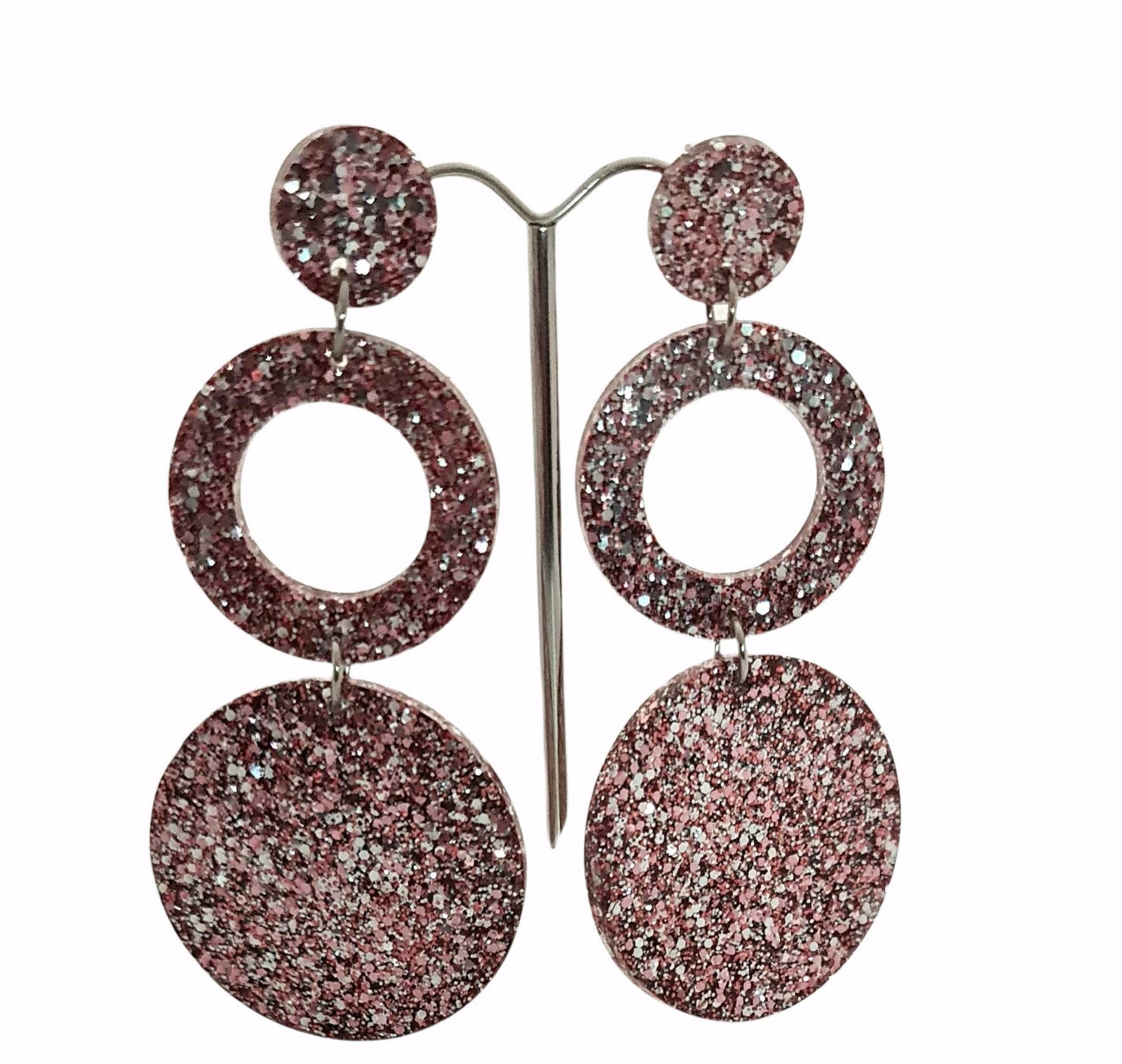 Long Hoop Circle Earrings, Holographic Salmon Pink, Silver Glitter Dangle, Statement Earrings