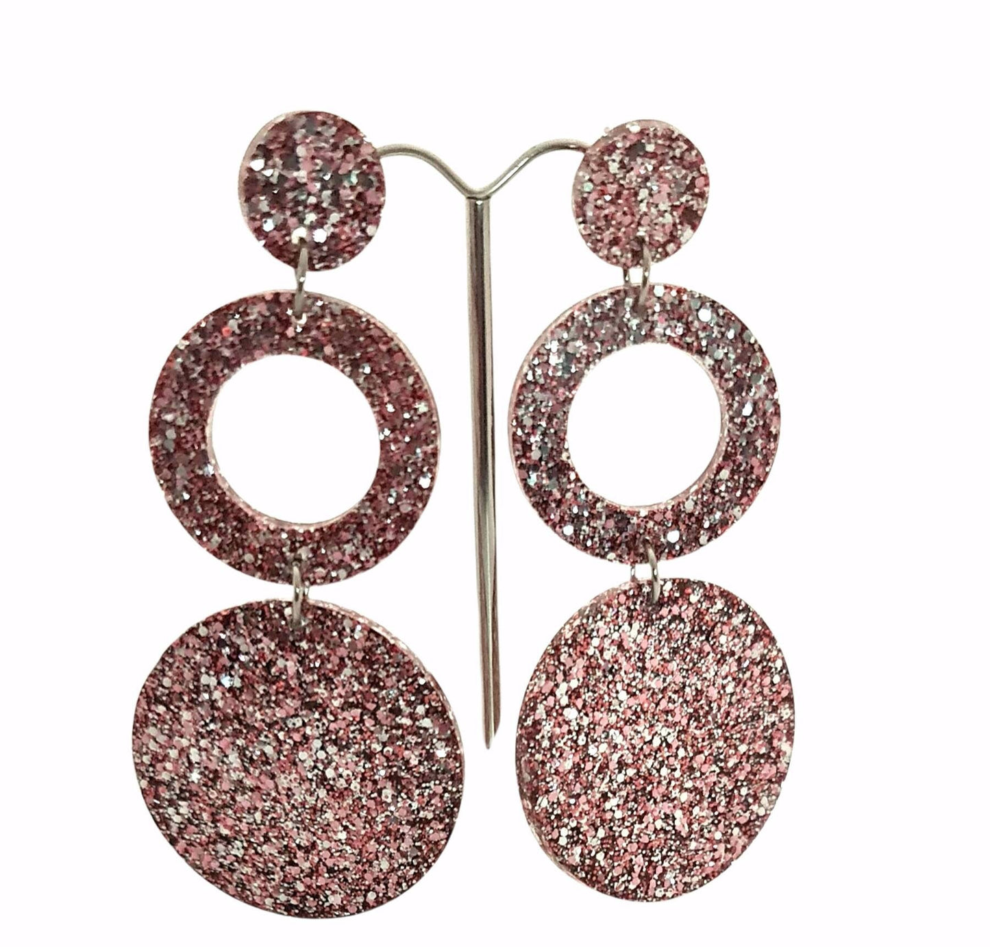 Long Hoop Circle Earrings, Holographic Salmon Pink, Silver Glitter Dangle, Statement Earrings