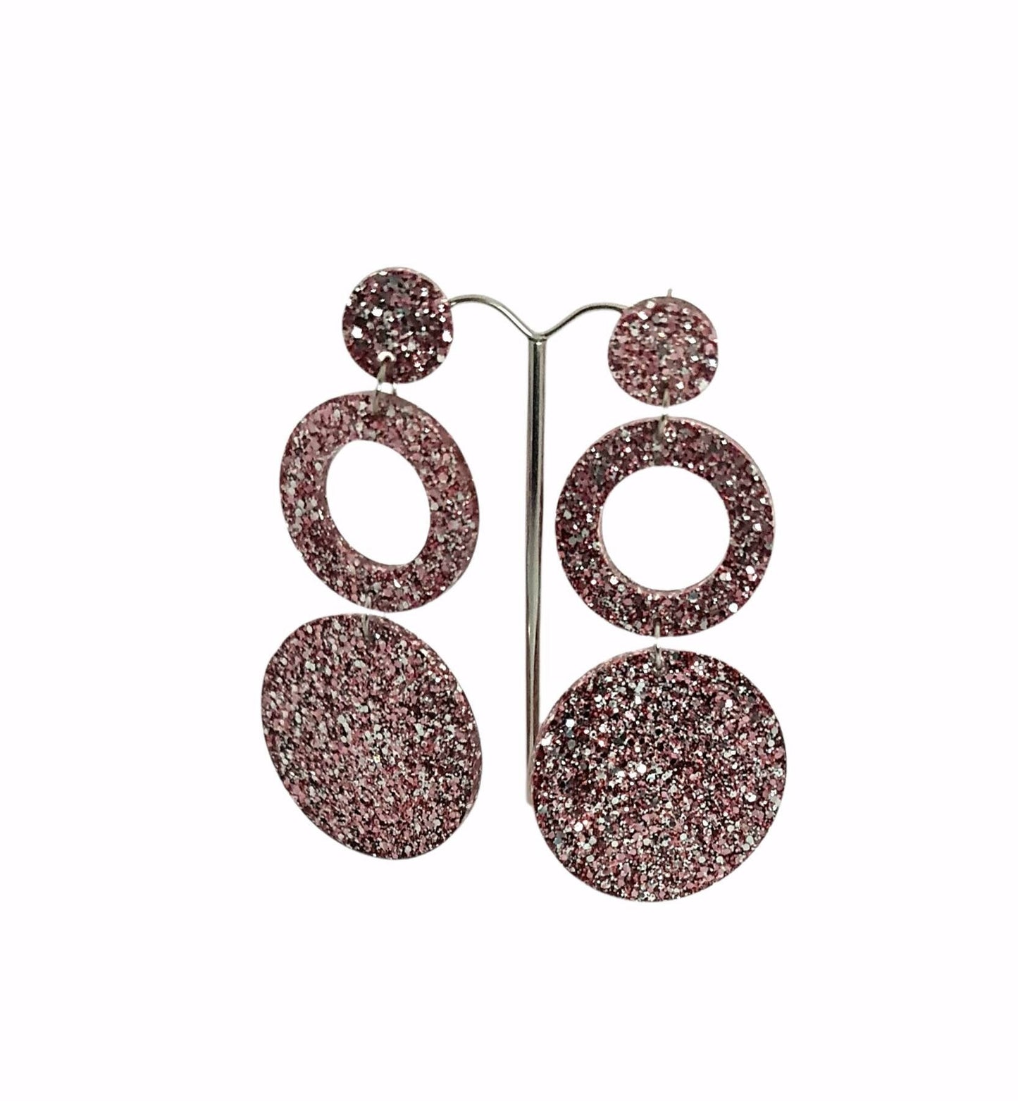 Long Hoop Circle Earrings, Holographic Salmon Pink, Silver Glitter Dangle, Statement Earrings