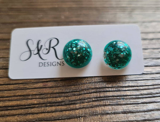 Resin Ball Stud earrings, Turquoise Glitter Mix Earrings, stainless steel earrings 14mm