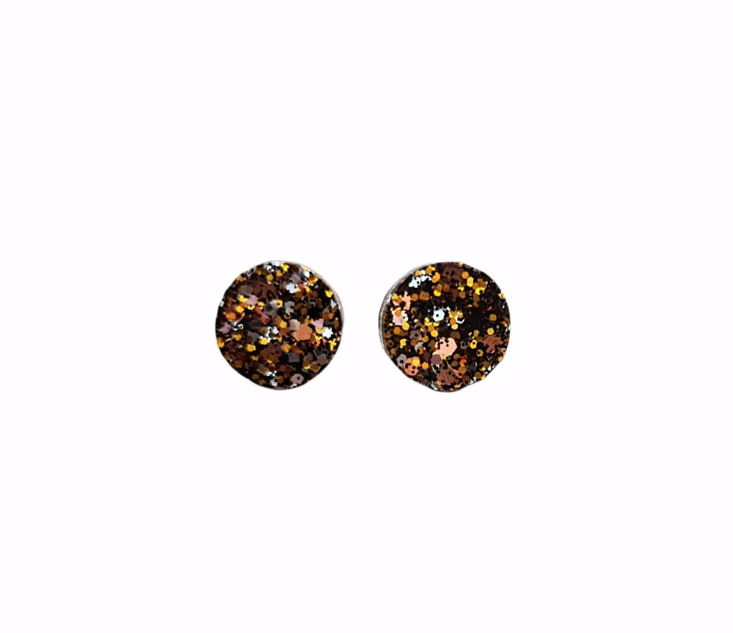 Circle Dot Resin Stud Earrings, Black, Gold, Silver, Rosegold Glitter Earrings. Stainless Steel Stud Earrings. 8mm, 10mm or 12mm